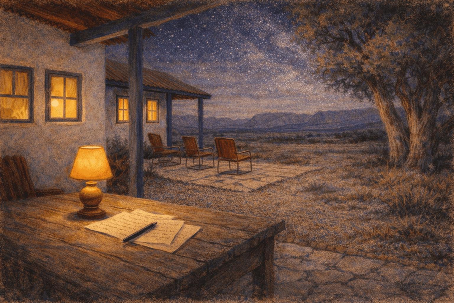 Porch of Casa Blanca ranch house at night, letters on a table under lamplight, starry New Mexico sky