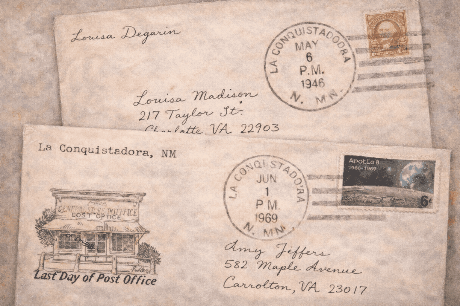 Two envelopes postmarked from La Conquistadora, NM — May 6, 1946 addressed to Louisa Madison, and June 1, 1969 addressed to Amy Jeffers, with a Last Day of Post Office commemorative cachet