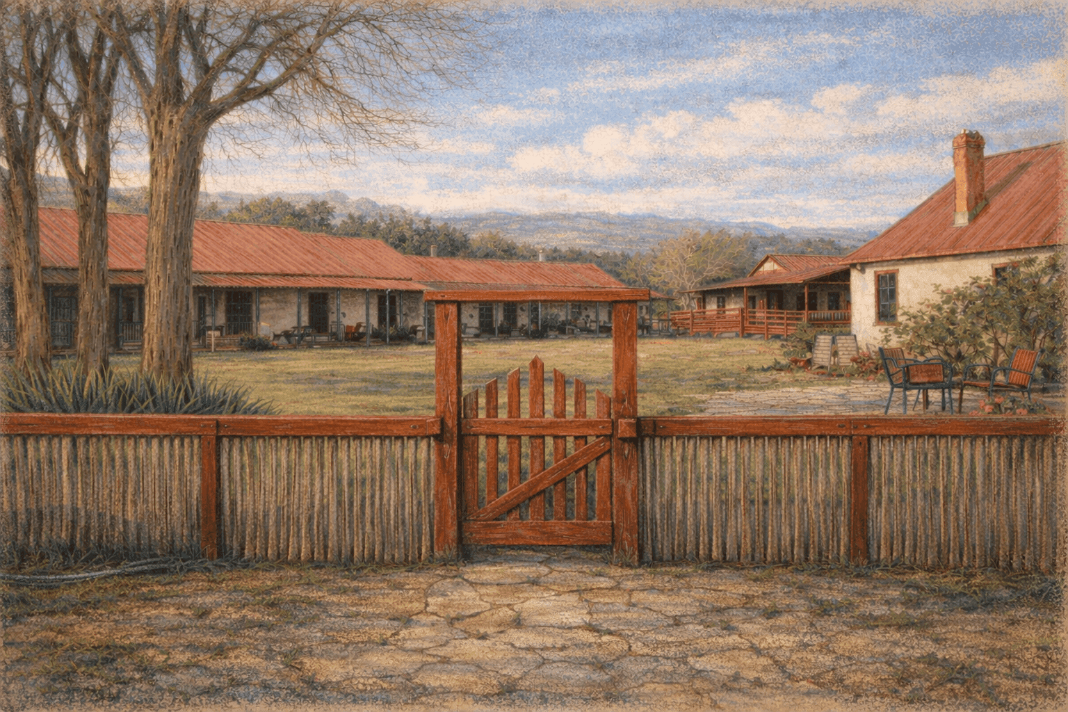 The gate and portal at Casa Blanca — whitewashed adobe, red tin roofs, the compound at the heart of La Conquistadora
