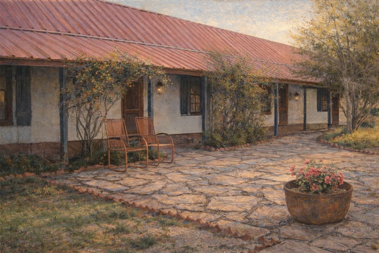 Casa Blanca — stone patio, metal rocking chairs under the portal, corrugated red roof, flowering vines on whitewashed adobe