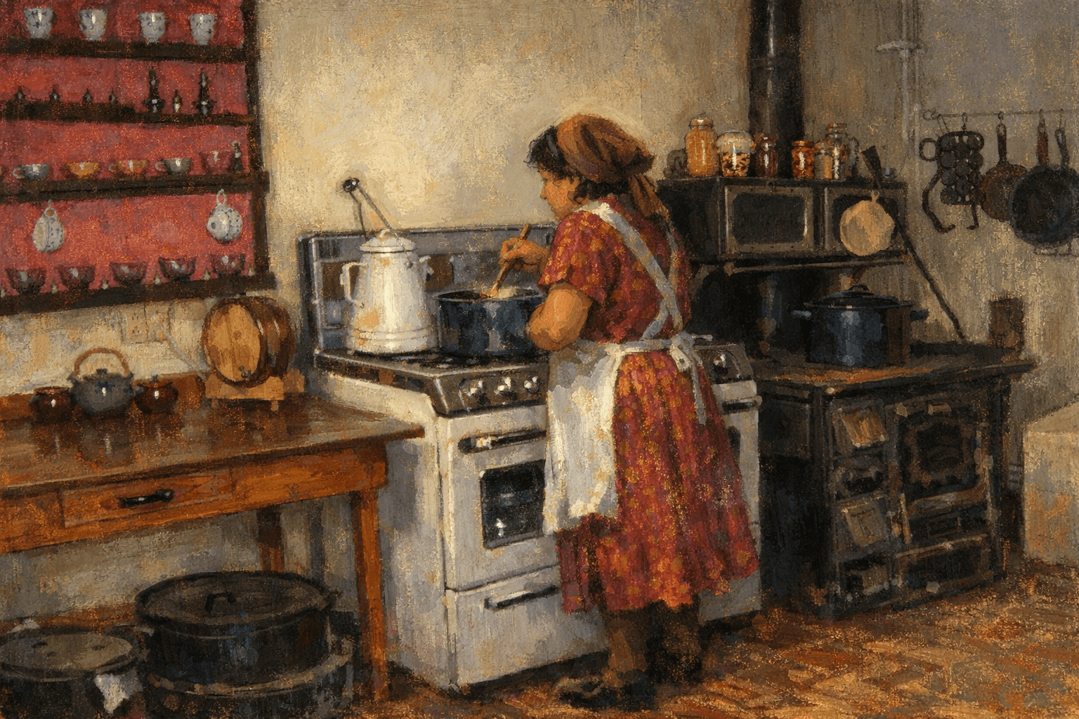 Rufina's kitchen at Casa Blanca — chile ristras, copper pots, warm light