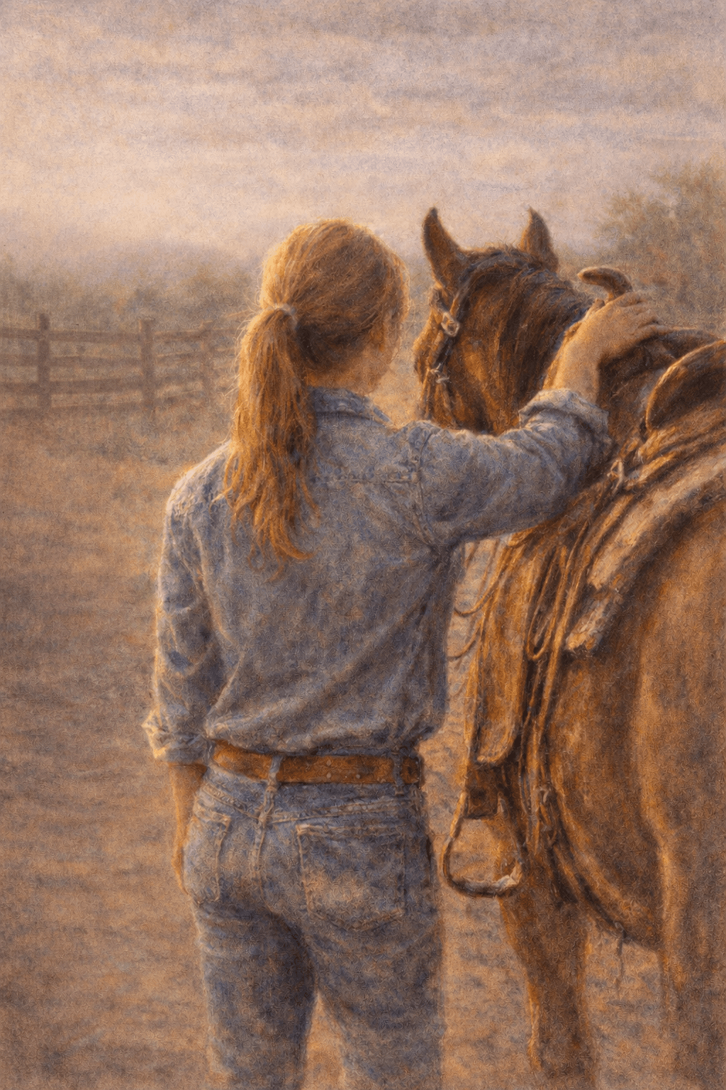 A young woman seen from behind, hand resting on her horse's neck in the golden morning light at the ranch corrals