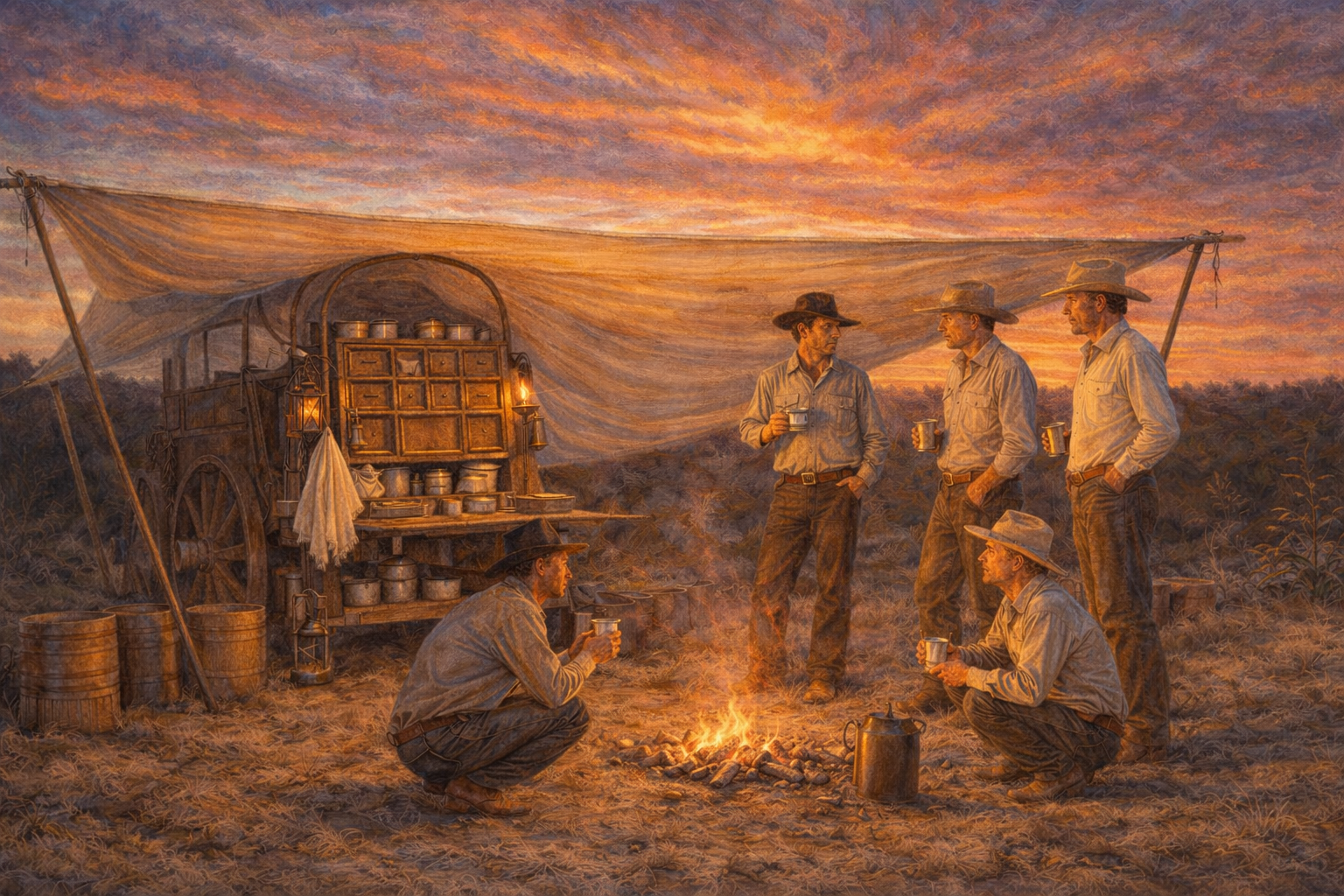 Cowboys gathered around the chuck wagon fire at sunset, drinking coffee and talking